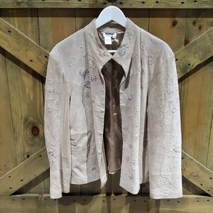 Coldwater Creek Beige 100% Leatger Suede Embroidered Blazer Casual Neutral
